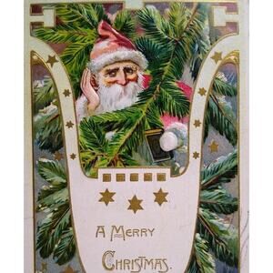 Santa Claus Christmas Postcard 1909 Peeking Behind Tree Branch Tucks Series 505